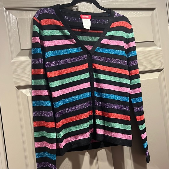 💖 1990 Y2K Nostalgia Esprit Colorful Metallic Stripe Cardigan Sweater Medium S - Picture 1 of 7